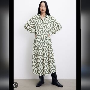H&M Green and White Viscose Shirt Dress, Size Medium.